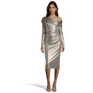 Off-The-Shoulder Asymmetrical Metallic Dress
